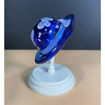 Fenton Cobalt Blue Bye Bye Butterfly Hand Painted Glass Art Hat w/ Stand 21/2500