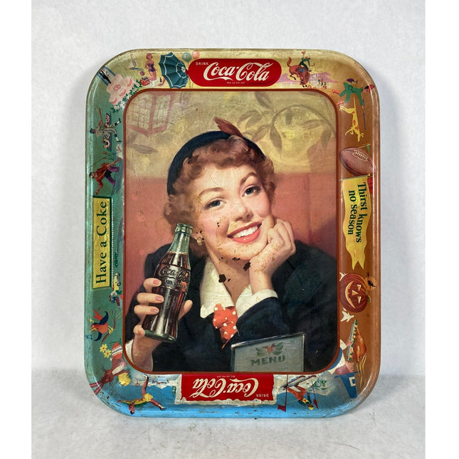 Vintage 1950s Coca-Cola Menu Girl Metal Serving Tray – ‘Thirst Knows No Season’