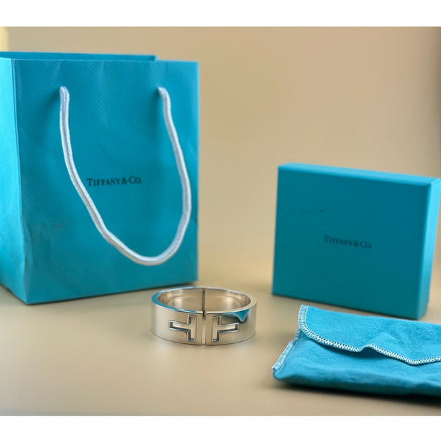 925 Signed Tiffany T Cut Out Cuff with Box and Bags Sterling Silver