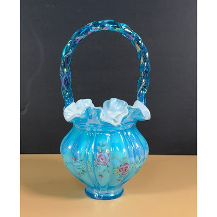 Fenton Signed Bill Fenton Hand Painted Blue Ruffle Glass Vase Basket Label