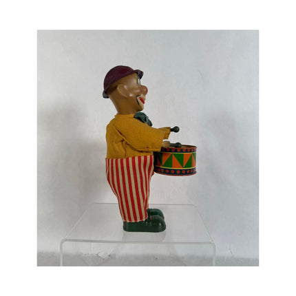 Vintage Windup Rare Litho Tin Toy Joker Cloth Outfit Playing Drum – Working