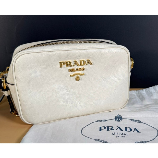 Prada White Vitello Crossbody Camera Bag IBH149 w/ Dust Bag MSRP $1500
