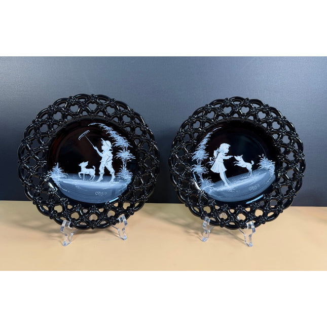 Pair of Westmoreland Black Glass Lattice Edge Plates 8.5" Vintage Art Glass