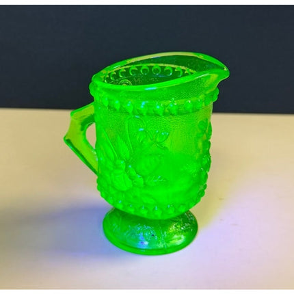 Vintage Green Uranium Glass Footed Pitcher Creamer 3.5"
