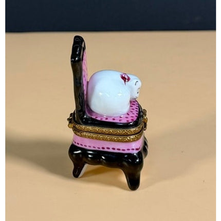 Limoges France Porcelain Cat Napping on Chair Figurine Hand Painted Trinket Box