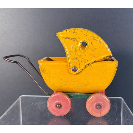 Baby Buggy Carriage Pressed Steel & Tin Wooden Toy 1940s Vintage Collectible