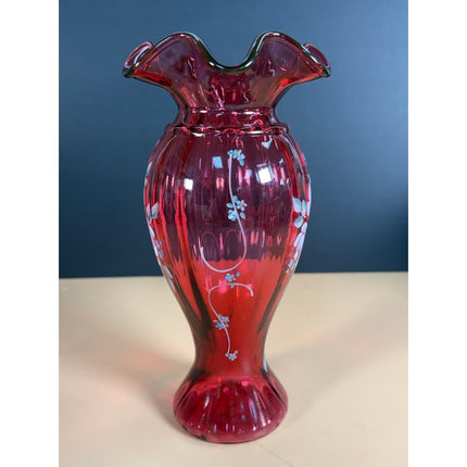 Fenton Cranberry Glass Vase Hand Painted Floral Ruffled Rim Signed C.R. Kelley