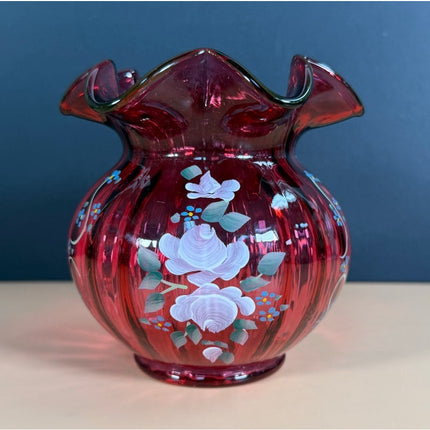 Fenton Cranberry Glass Vase Hand Signed C. Smith Painted Floral Ruffled Rim