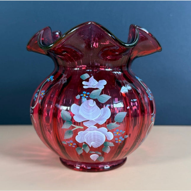 Fenton Cranberry Glass Vase Hand Signed C. Smith Painted Floral Ruffled Rim