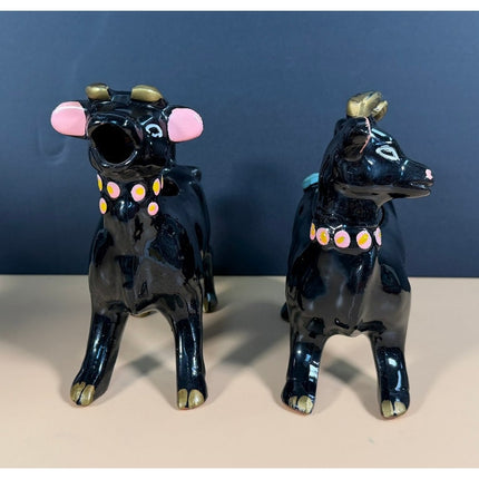 Vintage Redware Cow Creamer & Sugar Set Hand Painted Pottery