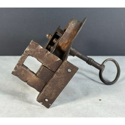 Moravian Hammered Metal Lock with Key Wrought Iron Chest Grab Lock