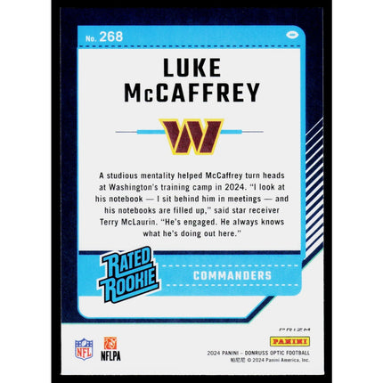 Luke McCaffrey 2024 Donruss Optic Fire #268 Washington Commanders