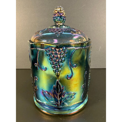Indiana Carnival Glass Canister Candy Jar w Lid Iridescent Blue Grape