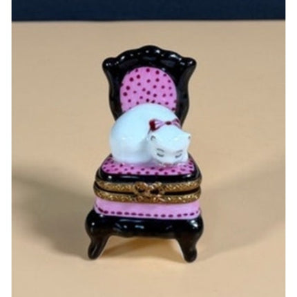 Limoges France Porcelain Cat Napping on Chair Figurine Hand Painted Trinket Box