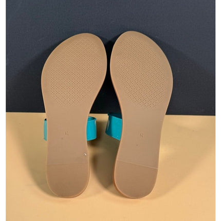 Tory Burch Reef Turquoise Brown Leather Toe Ring Flat Slide Sandals W6.5 NIB