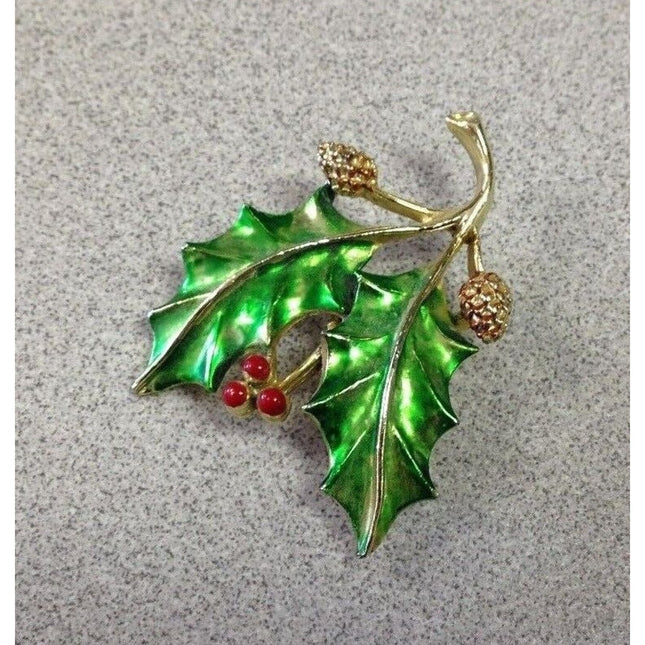 Vintage 1960s Gerry’s Costume Holiday Brooch – Holly Leaves & Berries – Signed