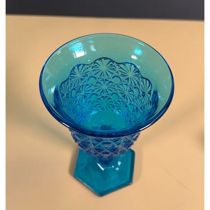 L.E. Smith Blue Daisy & Button Pedestal Candy Dish 8.5" Vintage Glass