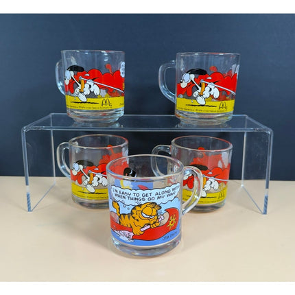 Garfield Glass Coffee Mugs Set of 5 Vintage Cartoon Drinkware 3.5"
