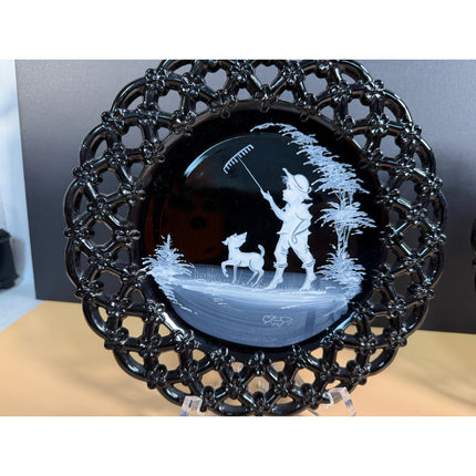 Pair of Westmoreland Black Glass Lattice Edge Plates 8.5" Vintage Art Glass