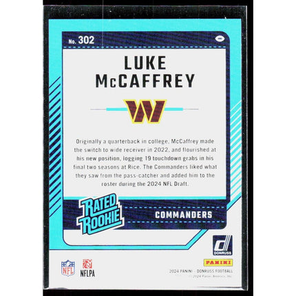 Luke McCaffrey 2024 Donruss #302 Rookie RC Card Washington Commanders