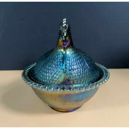 Indiana Glass Iridescent Blue Carnival Hen on Nest Covered Dish 7" Vintage
