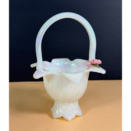 Fenton Opalescent Flowered Basket 6.5" White Vintage Art Glass