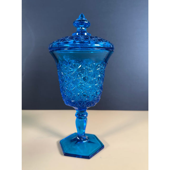 L.E. Smith Blue Daisy & Button Pedestal Candy Dish 8.5" Vintage Glass