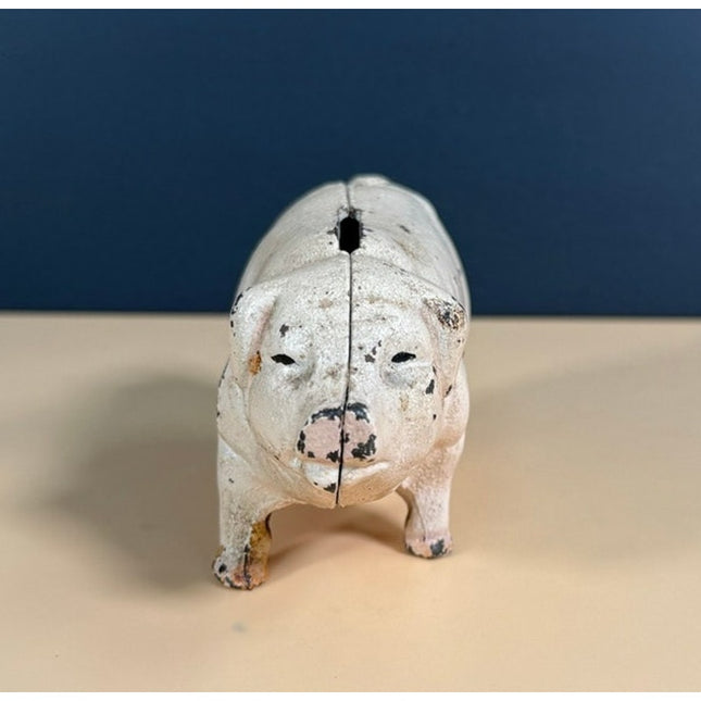 Vintage Cast Iron Pig Still Bank Rustic Farmhouse Figurine 4.25" All Original