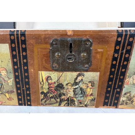 Child’s Humpback Trunk w/ Victorian Scenes – Early 1900s Antique Chest