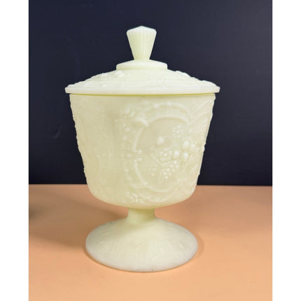 Fenton Green Custard Uranium Glass Pedestal Candy Dish with Lid 9" Vintage