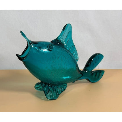 Vintage Blue Crackle Art Glass Fish Figurine Sculpture 11"