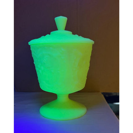 Fenton Green Custard Uranium Glass Pedestal Candy Dish with Lid 9" Vintage