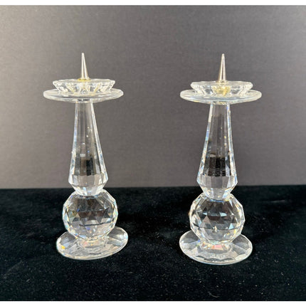 Swarovski Crystal Pillar Candle Holders Set of 2 Signed 4” Pin Style