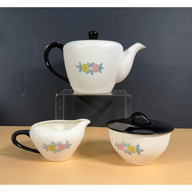 Vintage Mid-Century Modern Flowers & Rooster Lidded Tea Set 3-Piece Set