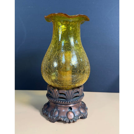 Vintage Crackle Glass Candle Lamp Yellow 9" Gold Painted Cast Base