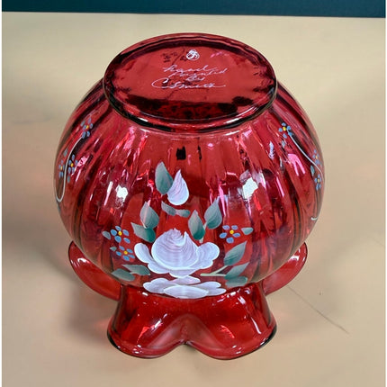 Fenton Cranberry Glass Vase Hand Signed C. Smith Painted Floral Ruffled Rim