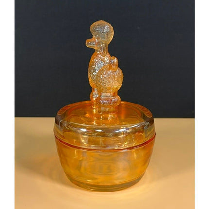 Jeanette Marigold Carnival Glass Poodle Dog Powder Trinket Dish 6" Vintage