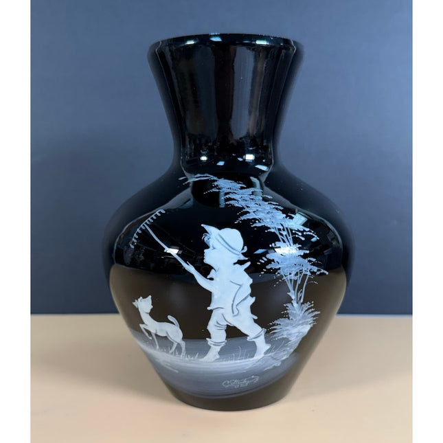 Westmoreland Glass Black Vase 7" Mary Gregory Vintage Art Glass Collectible