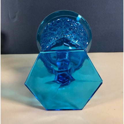 L.E. Smith Blue Daisy & Button Pedestal Candy Dish 8.5" Vintage Glass