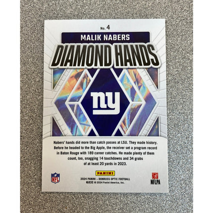 2024 Donruss Optic Malik Nabers RC #4 Diamond Hands Rookie New York Giants