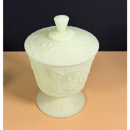 Fenton Green Custard Uranium Glass Pedestal Candy Dish with Lid 9" Vintage