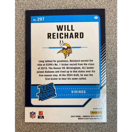 2024 Donruss Optic Will Reichard RC #297 Stars Prizm Rated Rookie Vikings