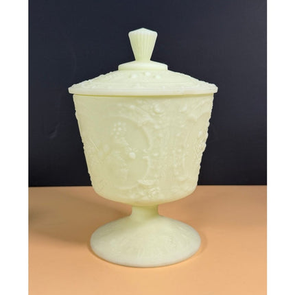 Fenton Green Custard Uranium Glass Pedestal Candy Dish with Lid 9" Vintage