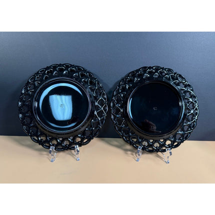 Pair of Westmoreland Black Glass Lattice Edge Plates 8.5" Vintage Art Glass