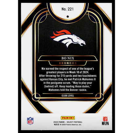 Bo Nix 2024 Panini Select #221 RC Denver Broncos