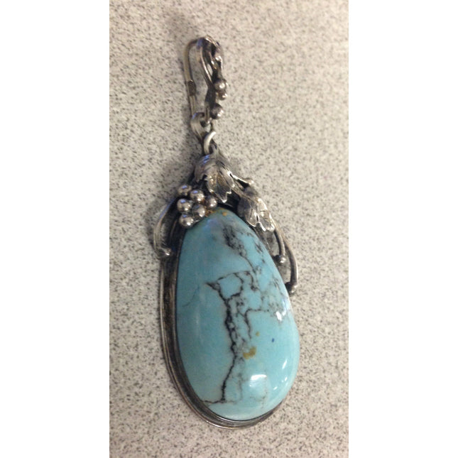 925 Sterling Silver Signed Turquoise Pendant – Ornate Grape & Leaf Design