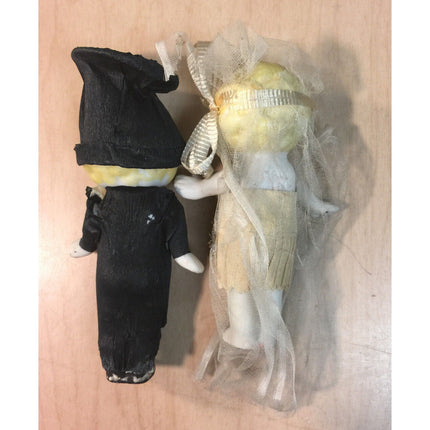 Vintage 1930s Bisque Bride & Groom 4.5" Dolls Crêpe Paper Clothes, Moveable Arms