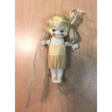 Vintage 1930s Bisque Bride & Groom 4.5" Dolls Crêpe Paper Clothes, Moveable Arms