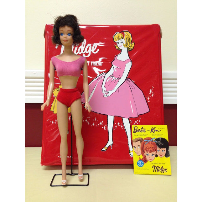 VTG 1963 Mattel Midge Doll #860 Straight Leg Brunette Original Outfit + Extras