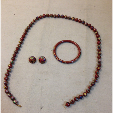 Vintage Cloisonné Necklace, Bangle Bracelet, and Clip Earrings Jewelry Set